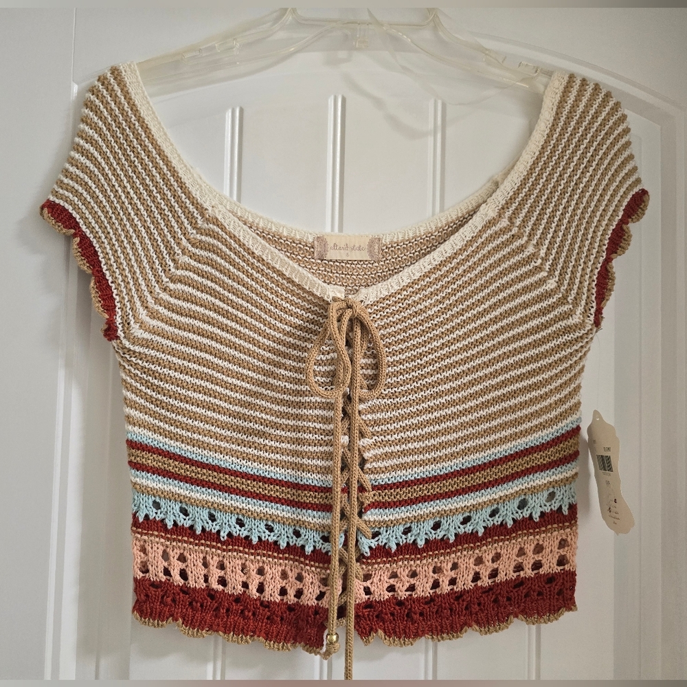 Altar'd State Cream, Tan, Rust & Navy Crochet Lace-Up Crop Top